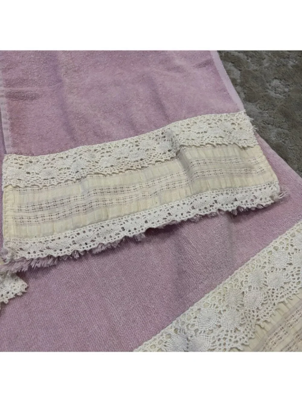 Vintage Utica Towels Set Mid Century Pink Lacey Full, Hand & Washcloth Girly